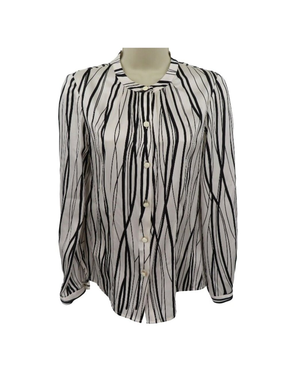 St John Collection Women 2 Black White Wavy Striped Button Blouse Silk Blend